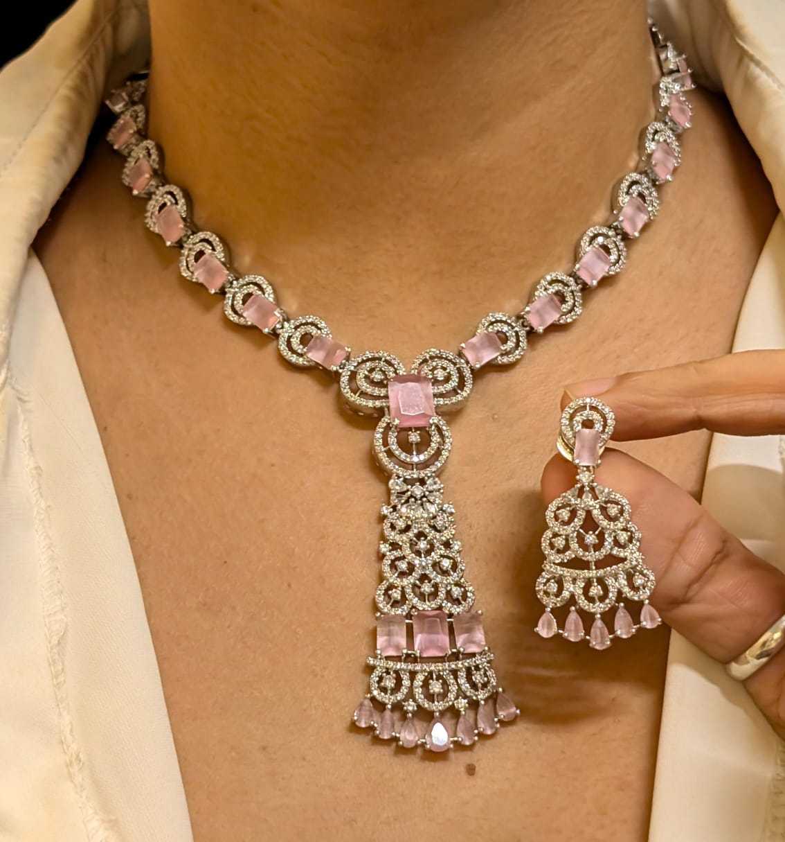 Statement Indian CZ Necklace Earrings Set | Kundan Jewelry | AD Jewelry | Pakistani Jewelry | Traditional Jewelry - Libasaa.com