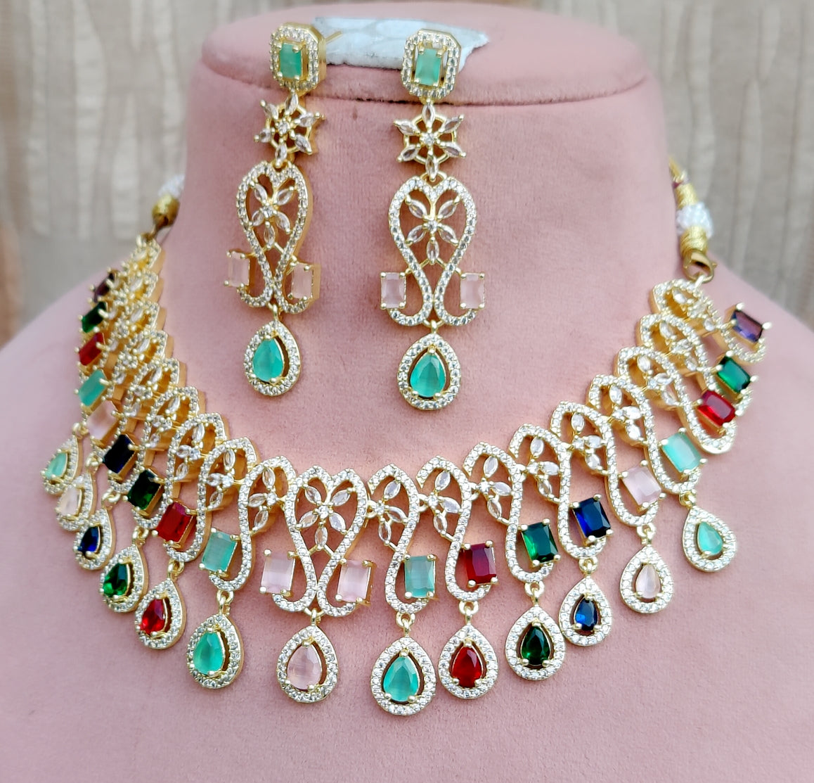 Luxurious Shining CZ Multi Layer Choker Earrings Set | Kundan Jewelry | AD Jewelry | Indian Jewelry | Traditional Jewelry - Libasaa.com