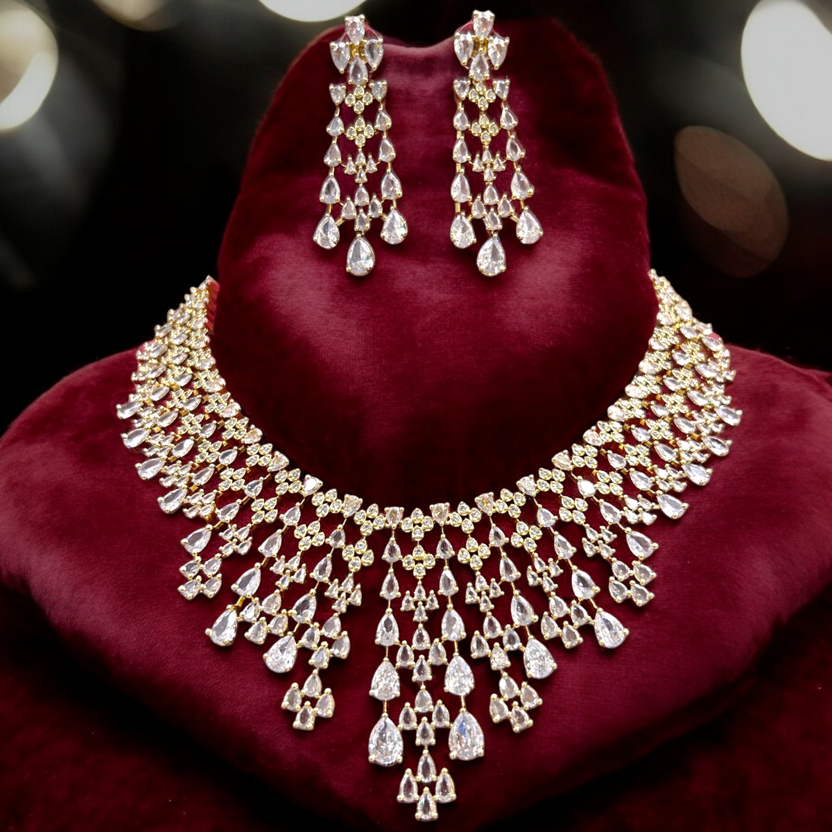 Multi Layered AD Choker Earrings Set | Kundan Jewelry | AD Jewelry | Indian Jewelry | Traditional Jewelry - Libasaa.com