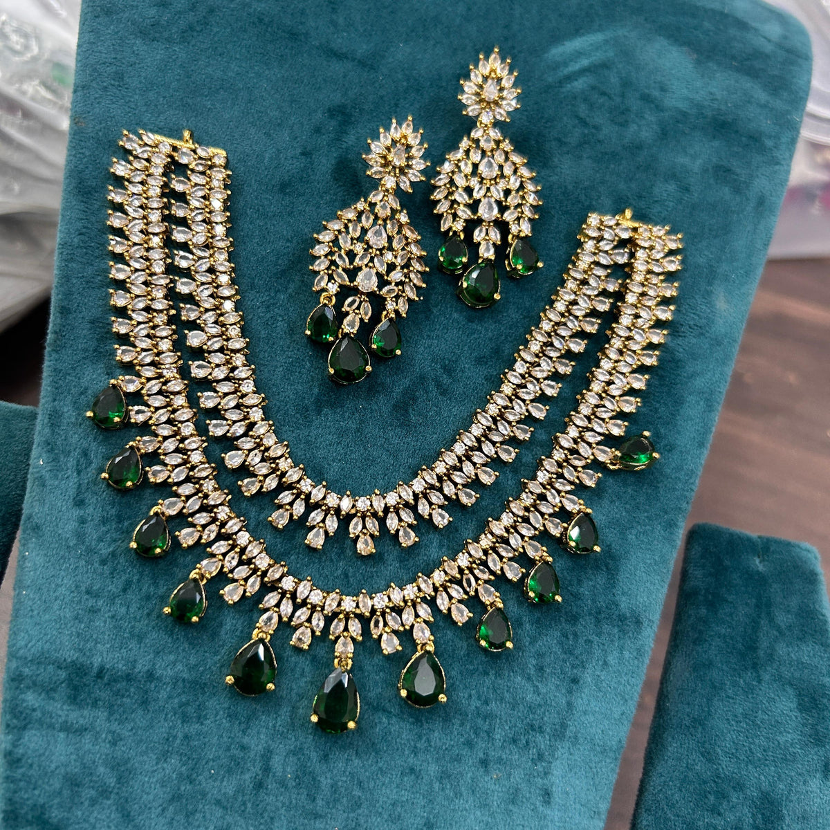 Gold Plated Double Layer AD Choker Earrings Set For Wedding - Kundan Necklace Set Indian Jewelry - Libasaa.com