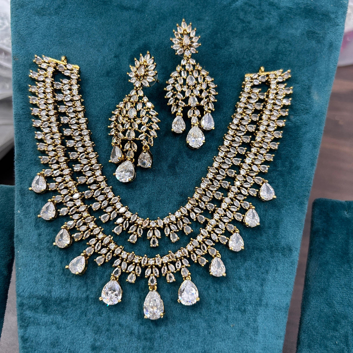 Gold Plated Double Layer AD Choker Earrings Set For Wedding - Kundan Necklace Set Indian Jewelry - Libasaa.com