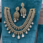 Gold Plated Double Layer AD Choker Earrings Set For Wedding - Kundan Necklace Set Indian Jewelry - Libasaa.com