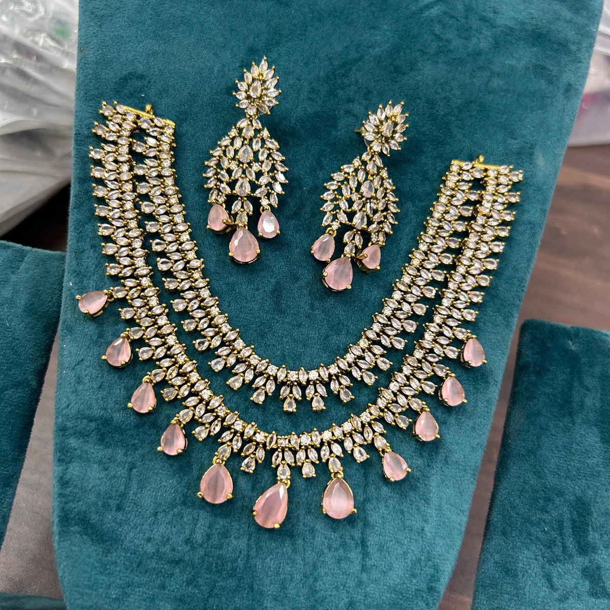 Gold Plated Double Layer AD Choker Earrings Set For Wedding - Kundan Necklace Set Indian Jewelry - Libasaa.com