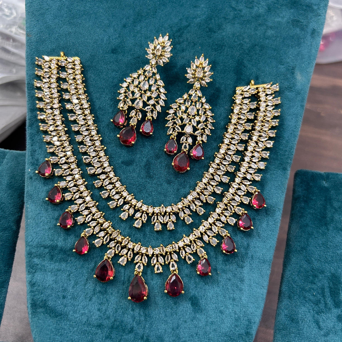Gold Plated Double Layer AD Choker Earrings Set For Wedding - Kundan Necklace Set Indian Jewelry - Libasaa.com