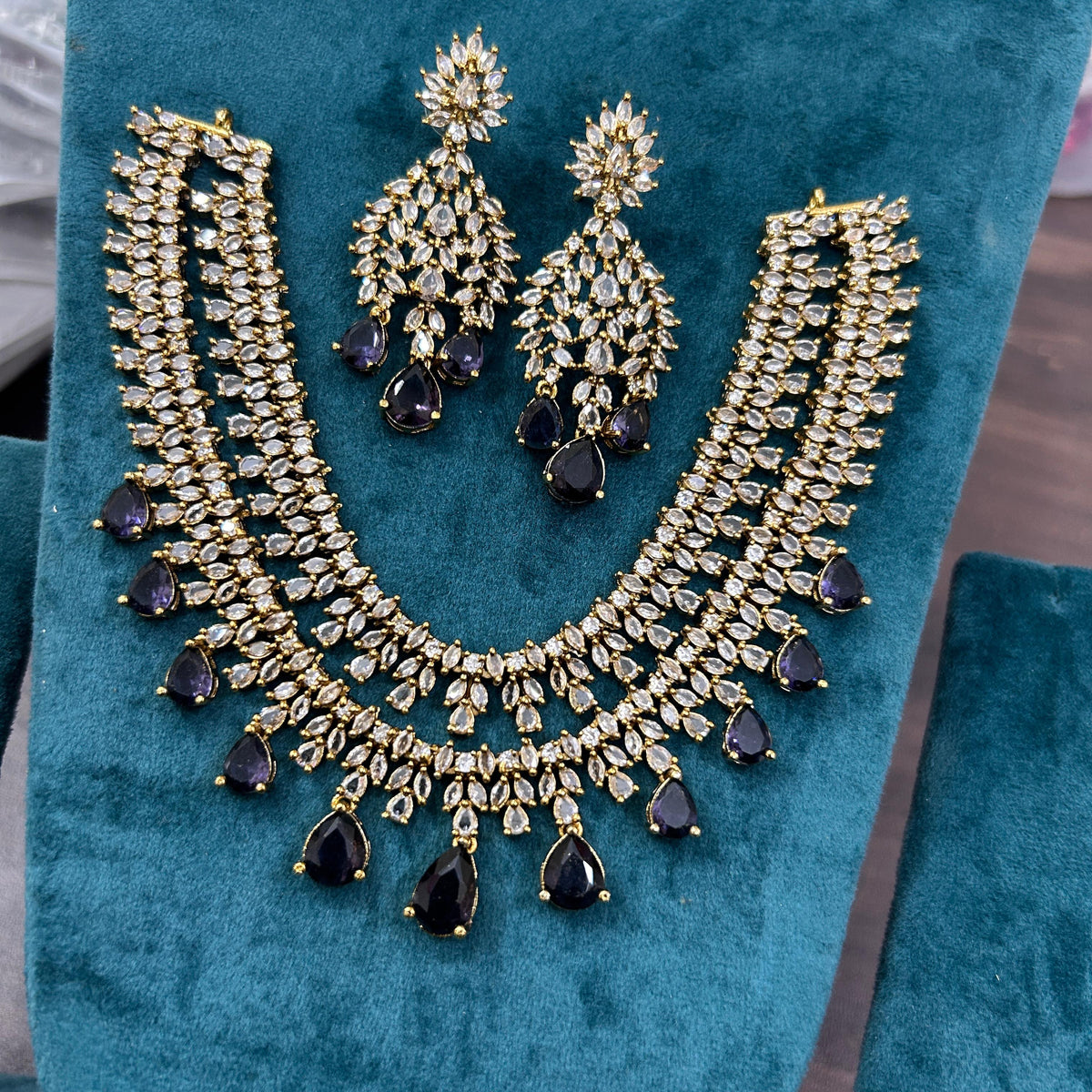 Gold Plated Double Layer AD Choker Earrings Set For Wedding - Kundan Necklace Set Indian Jewelry - Libasaa.com