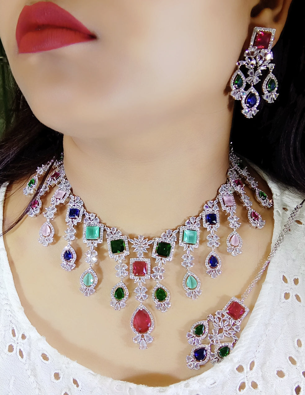 Silver Toned Bridal AD Choker For Wedding - Kundan Choker Set Indian Jewelry - Libasaa.com