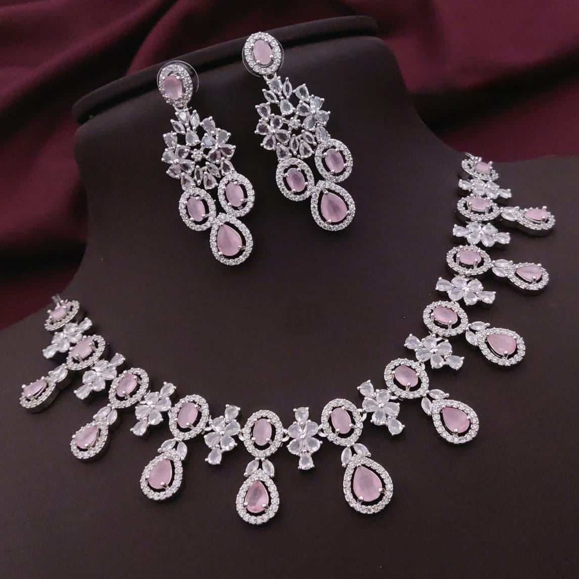 Wedding American Diamond Silver Toned Choker Earrings Set - AD Kundan Choker Indian Jewelry - Libasaa.com