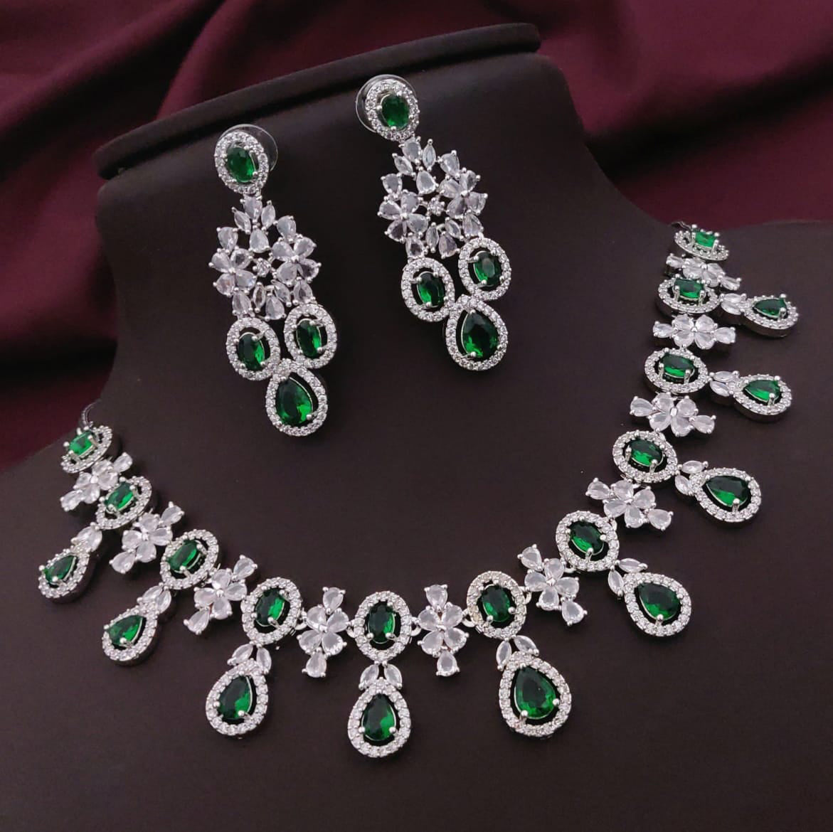 Wedding American Diamond Silver Toned Choker Earrings Set - AD Kundan Choker Indian Jewelry - Libasaa.com