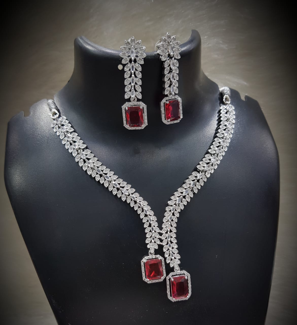 Flower Design Silver Finish CZ Choker Earrings Set - AD Kundan Choker Indian Jewelry - Libasaa.com