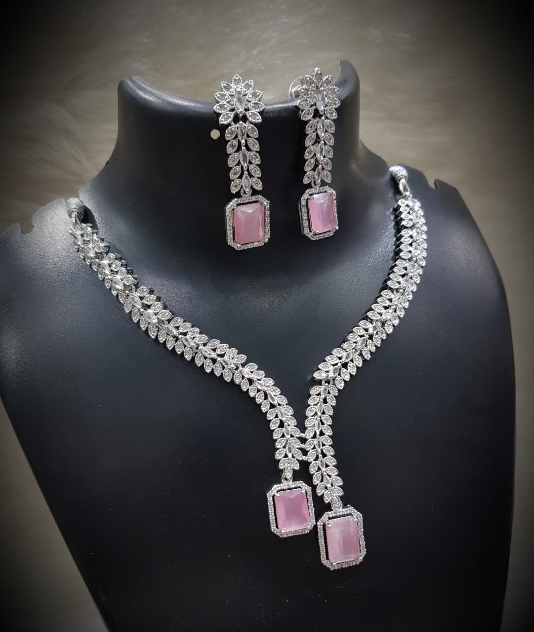 Flower Design Silver Finish CZ Choker Earrings Set - AD Kundan Choker Indian Jewelry - Libasaa.com