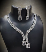 Flower Design Silver Finish CZ Choker Earrings Set - AD Kundan Choker Indian Jewelry - Libasaa.com