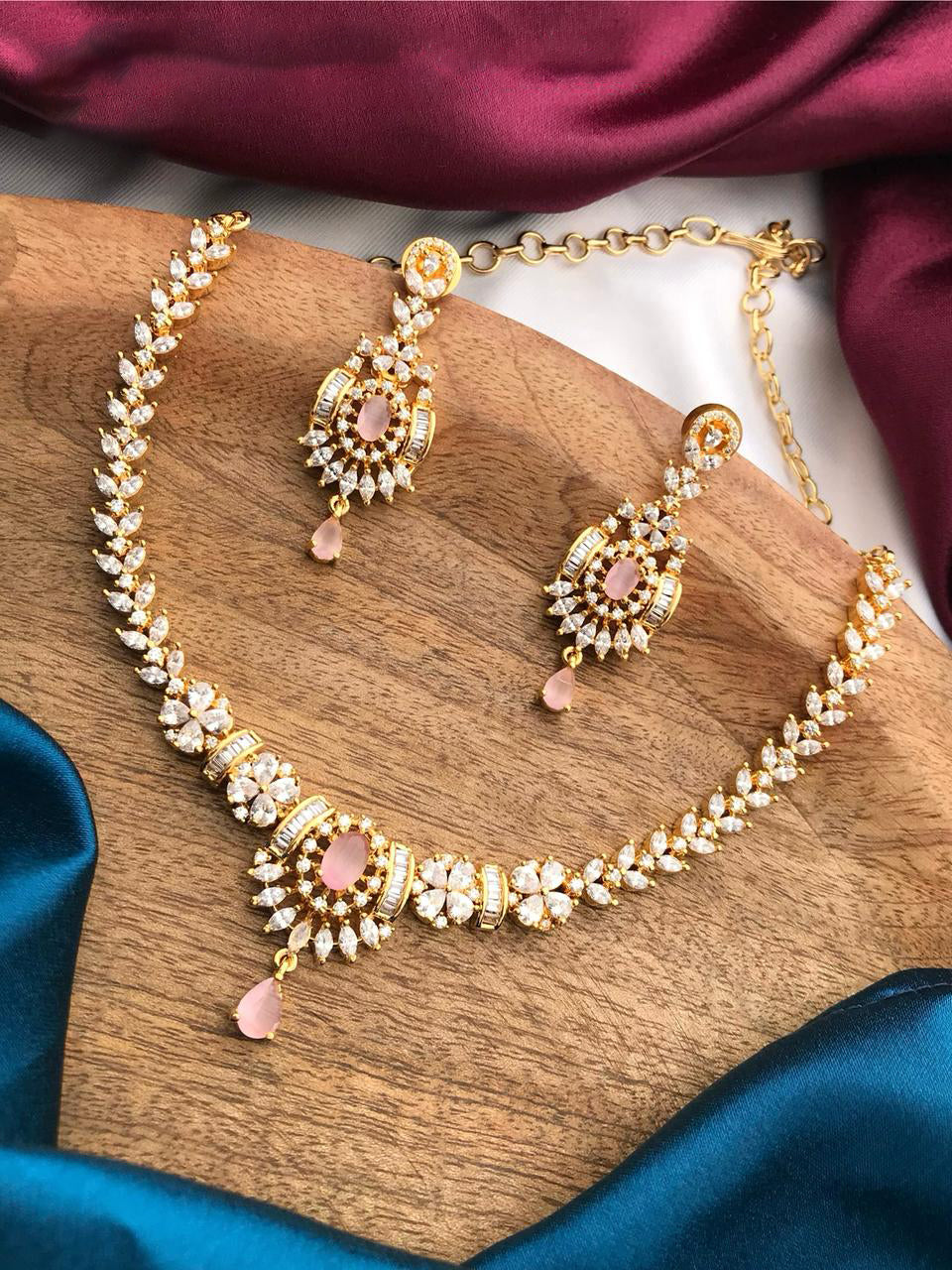 Indian Gold Plated Floral CZ Choker Earrings Set - AD Choker Indian Jewelry - Libasaa.com