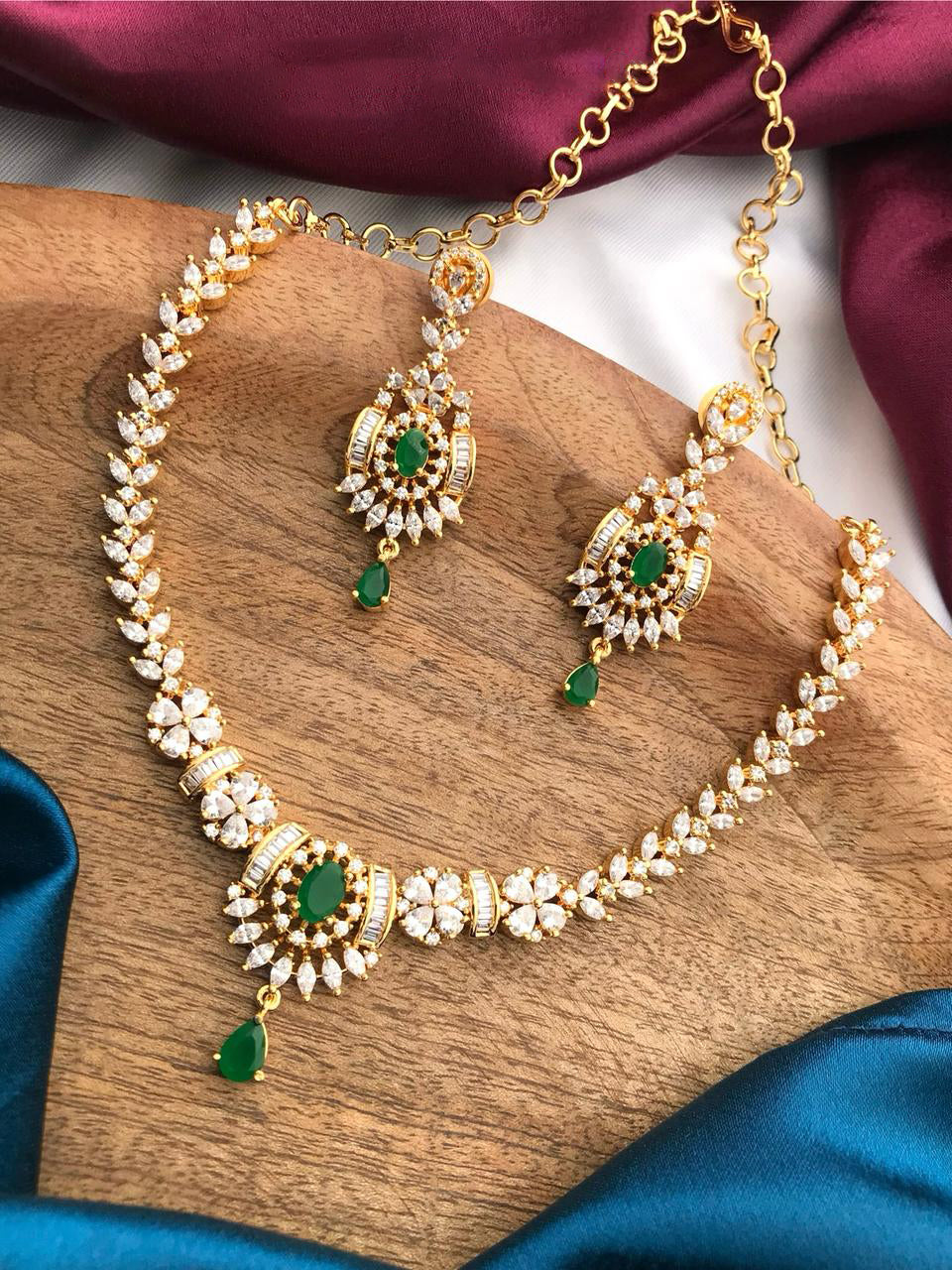 Indian Gold Plated Floral CZ Choker Earrings Set - AD Choker Indian Jewelry - Libasaa.com