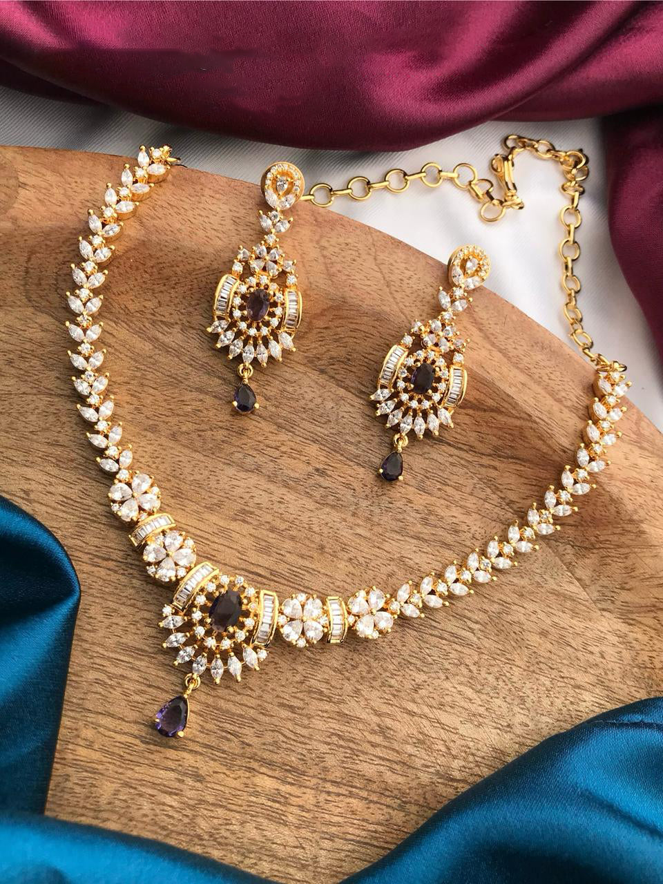 Indian Gold Plated Floral CZ Choker Earrings Set - AD Choker Indian Jewelry - Libasaa.com