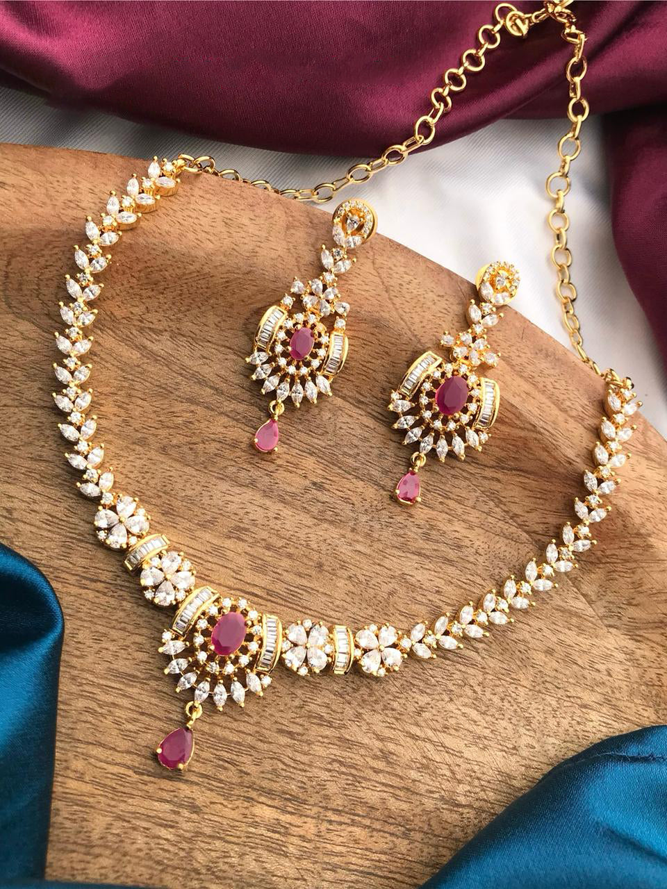 Indian Gold Plated Floral CZ Choker Earrings Set - AD Choker Indian Jewelry - Libasaa.com