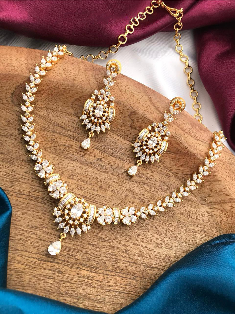 Indian Gold Plated Floral CZ Choker Earrings Set - AD Choker Indian Jewelry - Libasaa.com