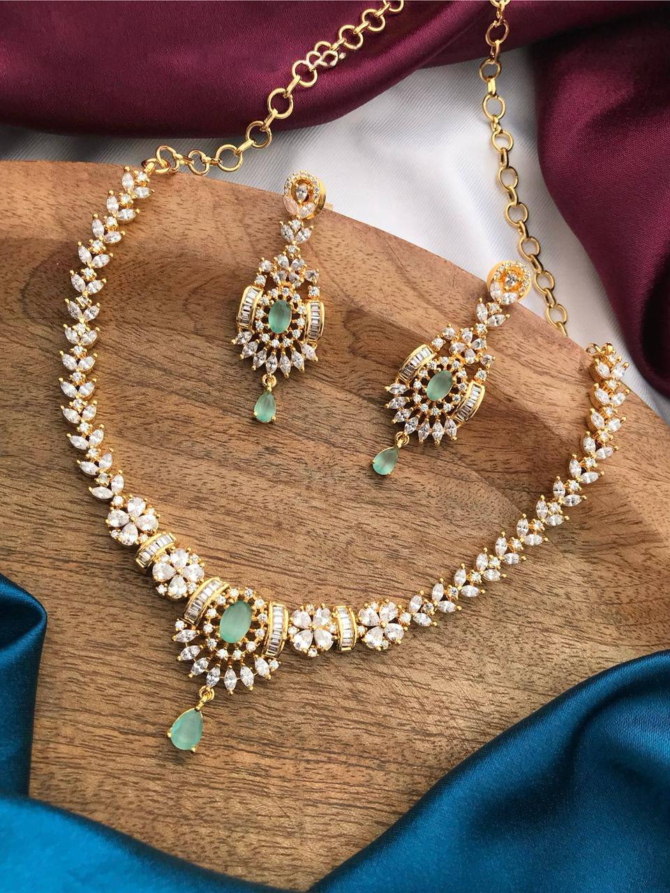 Indian Gold Plated Floral CZ Choker Earrings Set - AD Choker Indian Jewelry - Libasaa.com