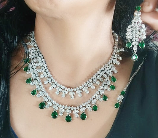 Double Layered American Diamond CZ Silver Finish Choker Eearings Set For Wedding - AD Layered Indian Jewelry - Libasaa.com