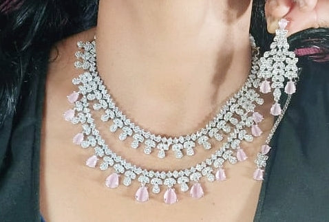 Double Layered American Diamond CZ Silver Finish Choker Eearings Set For Wedding - AD Layered Indian Jewelry - Libasaa.com