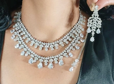 Double Layered American Diamond CZ Silver Finish Choker Eearings Set For Wedding - AD Layered Indian Jewelry - Libasaa.com