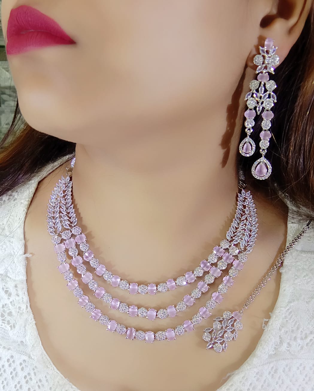 Pakistani Multilayer Silver Finish CZ Choker Earrings Maangtikka Set - Layered AD Choker Earrings Pakistani Jewelry - Libasaa.com