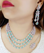 Pakistani Multilayer Silver Finish CZ Choker Earrings Maangtikka Set - Layered AD Choker Earrings Pakistani Jewelry - Libasaa.com