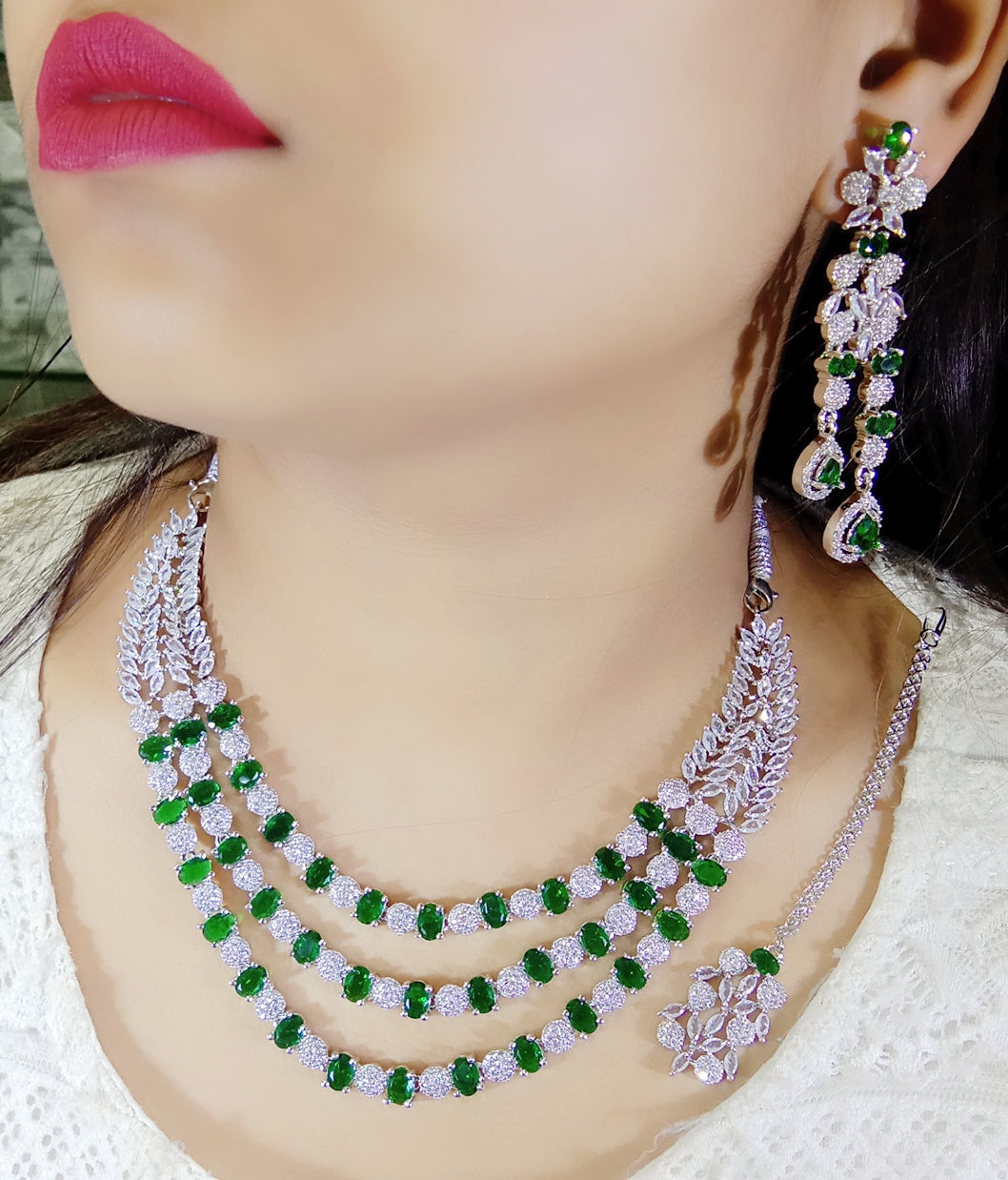 Pakistani Multilayer Silver Finish CZ Choker Earrings Maangtikka Set - Layered AD Choker Earrings Pakistani Jewelry - Libasaa.com