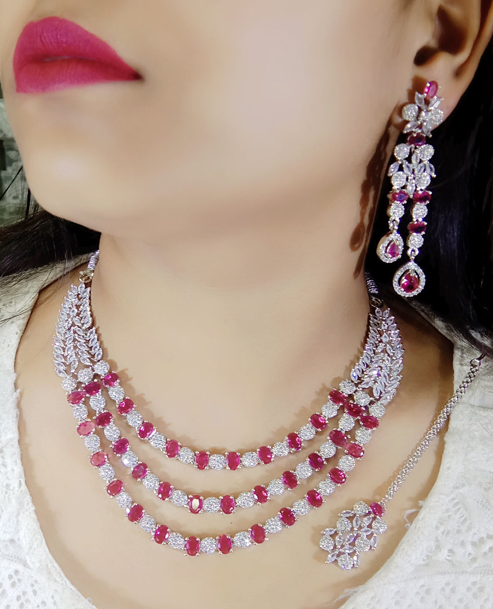 Pakistani Multilayer Silver Finish CZ Choker Earrings Maangtikka Set - Layered AD Choker Earrings Pakistani Jewelry - Libasaa.com