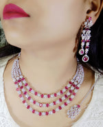 Pakistani Multilayer Silver Finish CZ Choker Earrings Maangtikka Set - Layered AD Choker Earrings Pakistani Jewelry - Libasaa.com