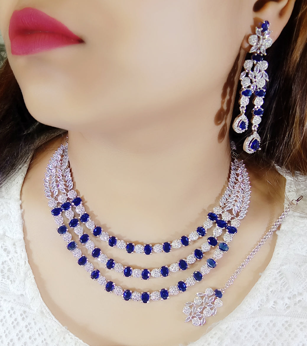 Pakistani Multilayer Silver Finish CZ Choker Earrings Maangtikka Set - Layered AD Choker Earrings Pakistani Jewelry - Libasaa.com