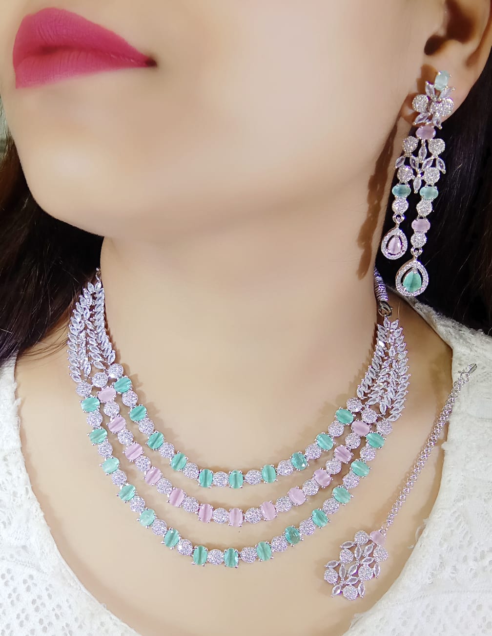 Pakistani Multilayer Silver Finish CZ Choker Earrings Maangtikka Set - Layered AD Choker Earrings Pakistani Jewelry - Libasaa.com