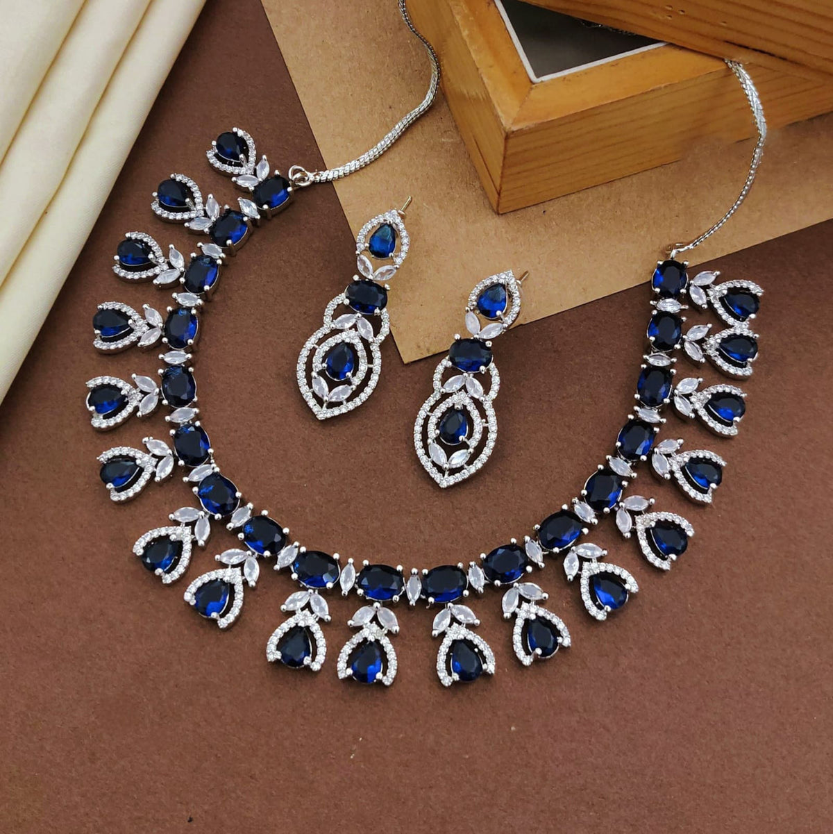 Floral Design American Diamond Choker Earrings Set For Wedding - CZ Choker Indian Jewelry - Libasaa.com