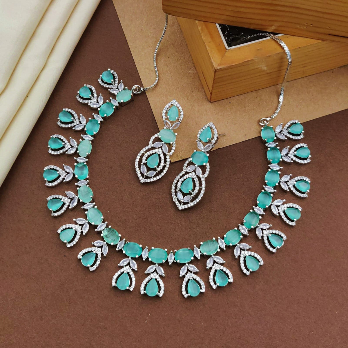 Floral Design American Diamond Choker Earrings Set For Wedding - CZ Choker Indian Jewelry - Libasaa.com