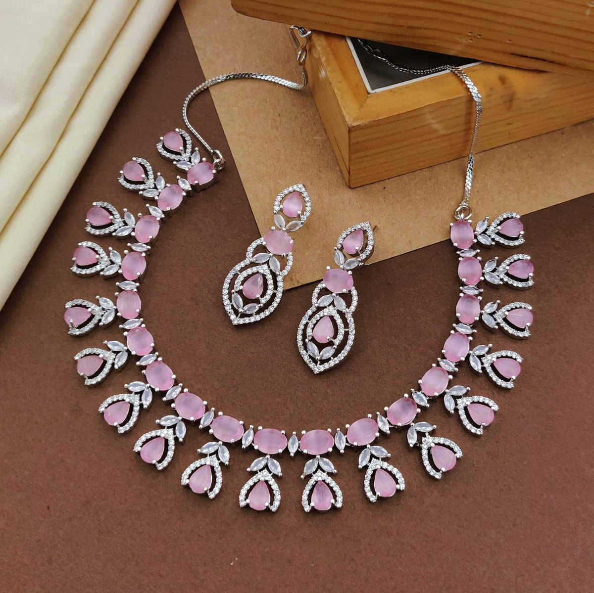 Floral Design American Diamond Choker Earrings Set For Wedding - CZ Choker Indian Jewelry - Libasaa.com