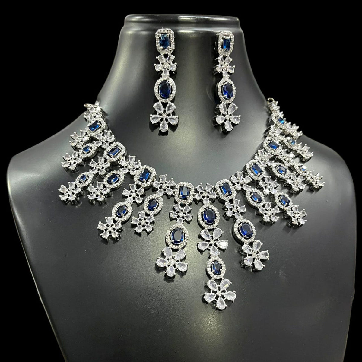 Punjabi AD Floral Silver Toned Choker Earrings Set - CZ Flower Diesign Choker Set Indian Jewelry - Libasaa.com