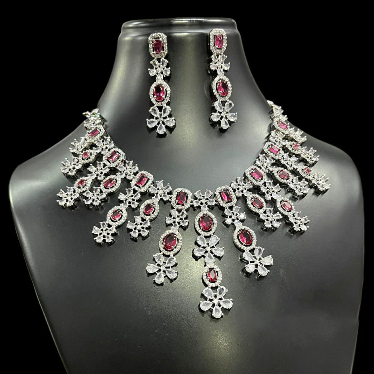 Punjabi AD Floral Silver Toned Choker Earrings Set - CZ Flower Diesign Choker Set Indian Jewelry - Libasaa.com