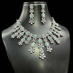 Punjabi AD Floral Silver Toned Choker Earrings Set - CZ Flower Diesign Choker Set Indian Jewelry - Libasaa.com