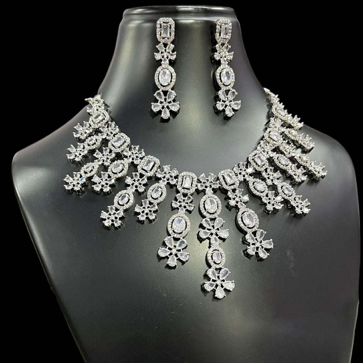 Punjabi AD Floral Silver Toned Choker Earrings Set - CZ Flower Diesign Choker Set Indian Jewelry - Libasaa.com