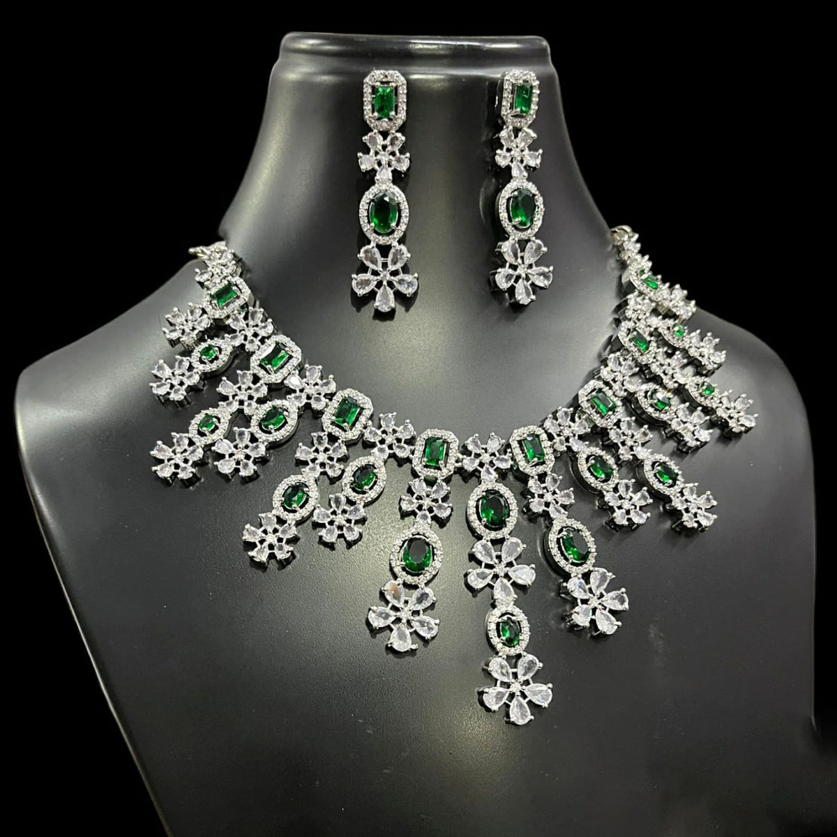 Punjabi AD Floral Silver Toned Choker Earrings Set - CZ Flower Diesign Choker Set Indian Jewelry - Libasaa.com