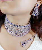 Flower Design AD Silver Plated Choker Earring Mangtika Set - Silver Plated CZ Indian Jewelry Set - Libasaa.com
