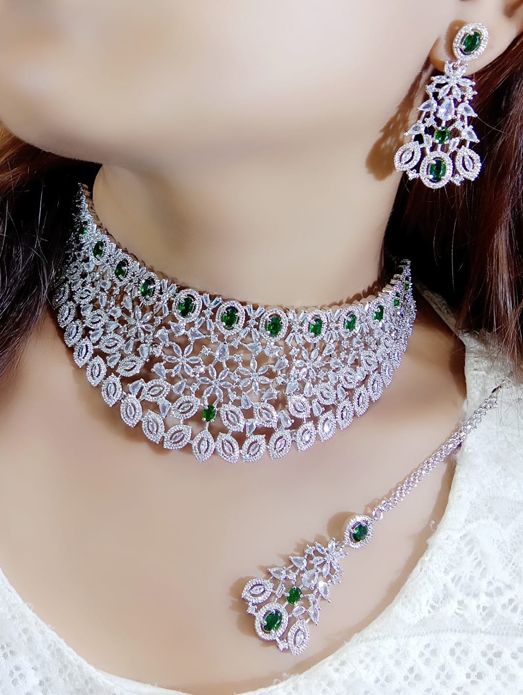 Flower Design AD Silver Plated Choker Earring Mangtika Set - Silver Plated CZ Indian Jewelry Set - Libasaa.com