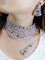 Flower Design AD Silver Plated Choker Earring Mangtika Set - Silver Plated CZ Indian Jewelry Set - Libasaa.com