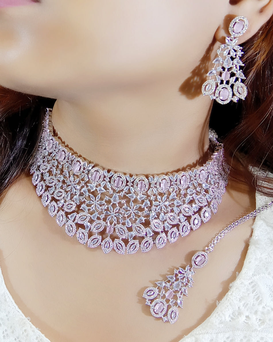 Flower Design AD Silver Plated Choker Earring Mangtika Set - Silver Plated CZ Indian Jewelry Set - Libasaa.com