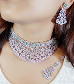 Flower Design AD Silver Plated Choker Earring Mangtika Set - Silver Plated CZ Indian Jewelry Set - Libasaa.com