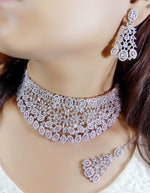 Flower Design AD Silver Plated Choker Earring Mangtika Set - Silver Plated CZ Indian Jewelry Set - Libasaa.com