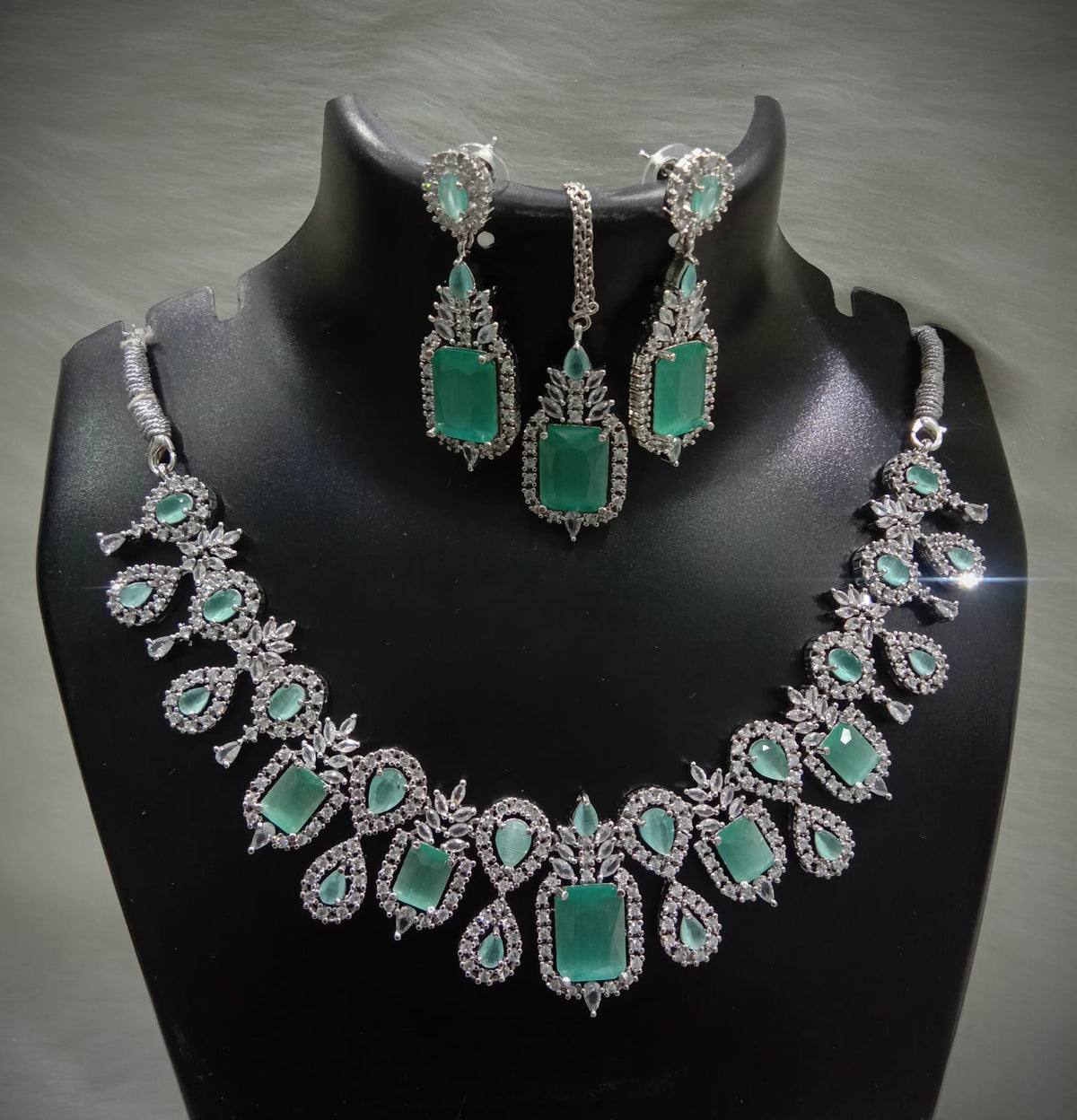 Square Shaped American Diamond Necklace Earrings Mangtikka Set For Wedding - AD Indian Jewelry Set - Libasaa.com