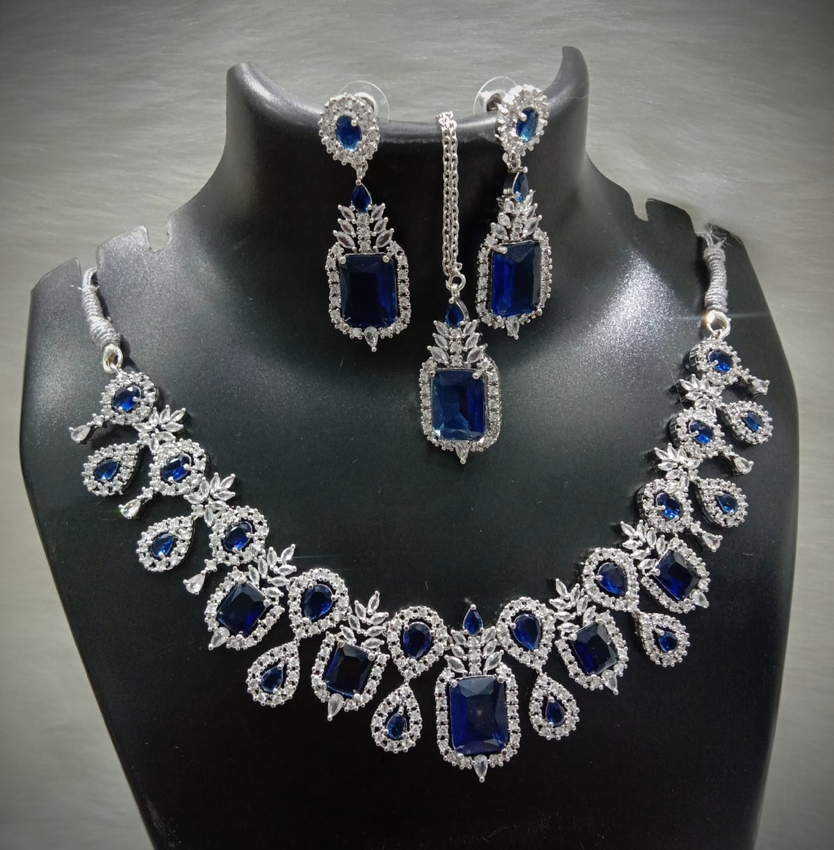 Square Shaped American Diamond Necklace Earrings Mangtikka Set For Wedding - AD Indian Jewelry Set - Libasaa.com