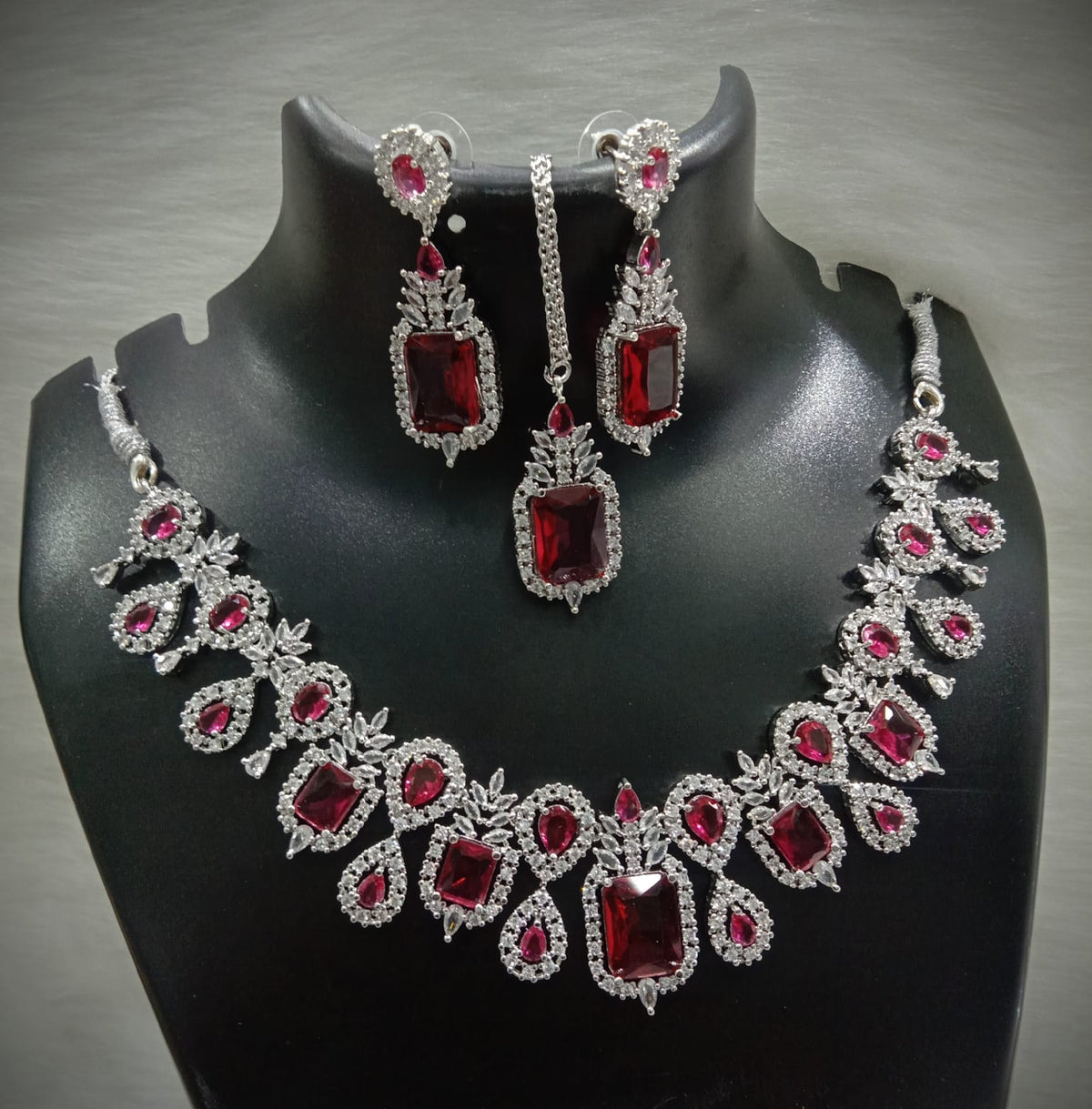 Square Shaped American Diamond Necklace Earrings Mangtikka Set For Wedding - AD Indian Jewelry Set - Libasaa.com