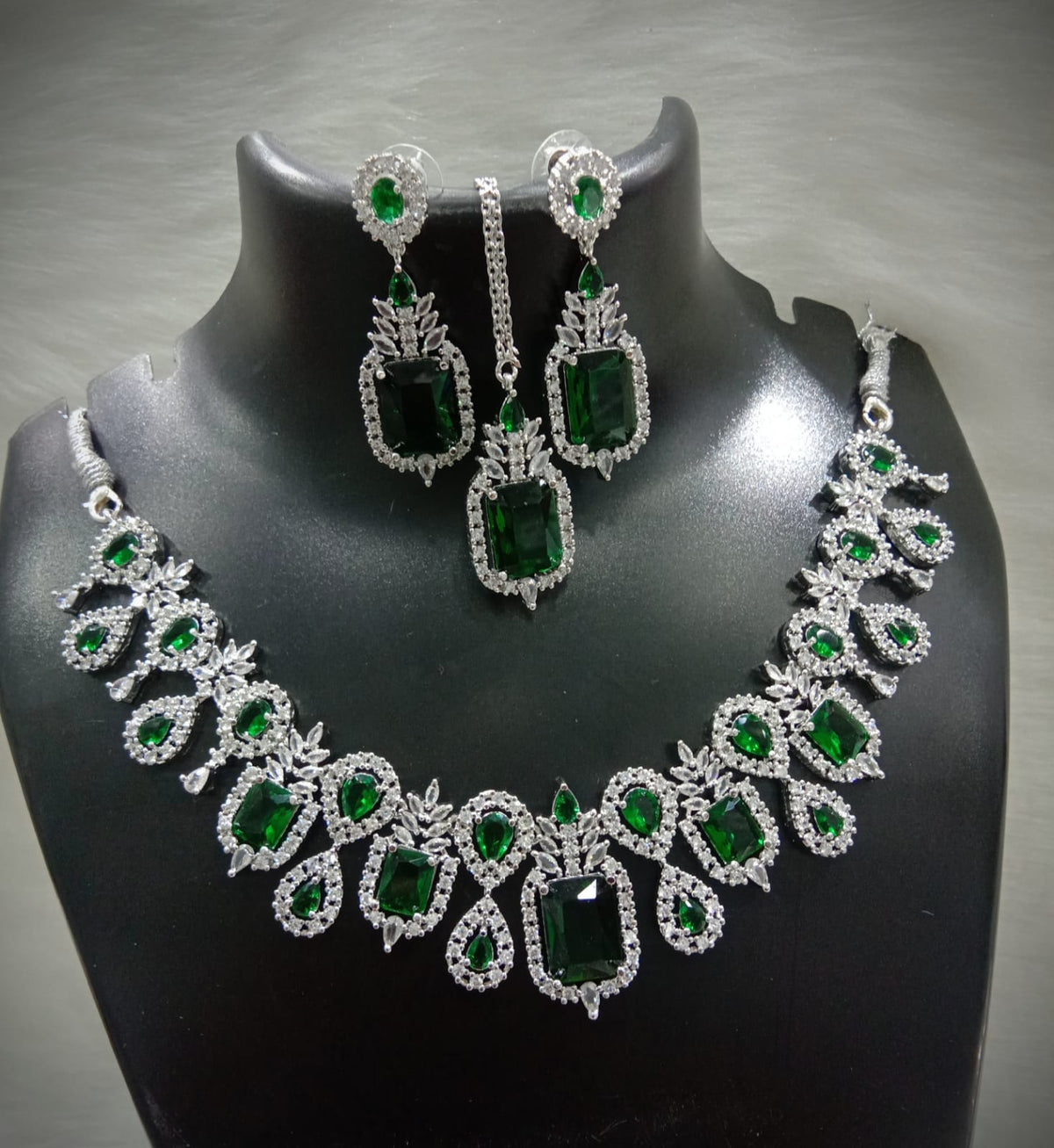 Square Shaped American Diamond Necklace Earrings Mangtikka Set For Wedding - AD Indian Jewelry Set - Libasaa.com