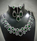 Square Shaped American Diamond Necklace Earrings Mangtikka Set For Wedding - AD Indian Jewelry Set - Libasaa.com